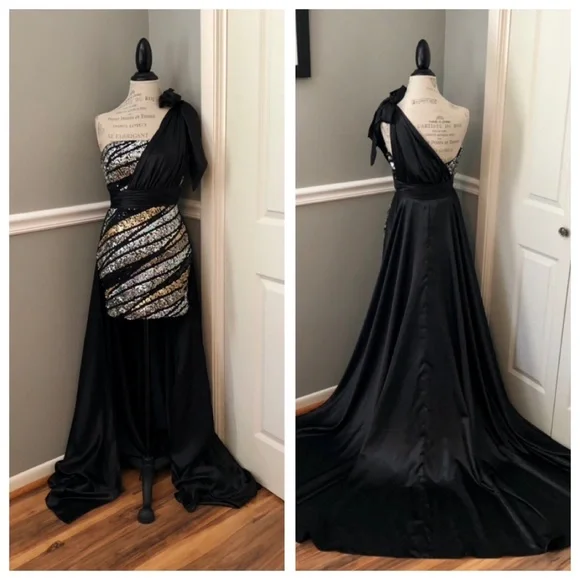 NEW COLORS SZ 4 BLACK SATIN SILVER GOLD SEQUIN ONE SHOULDER DRESS WITH TRAIN - Picture 1 of 15